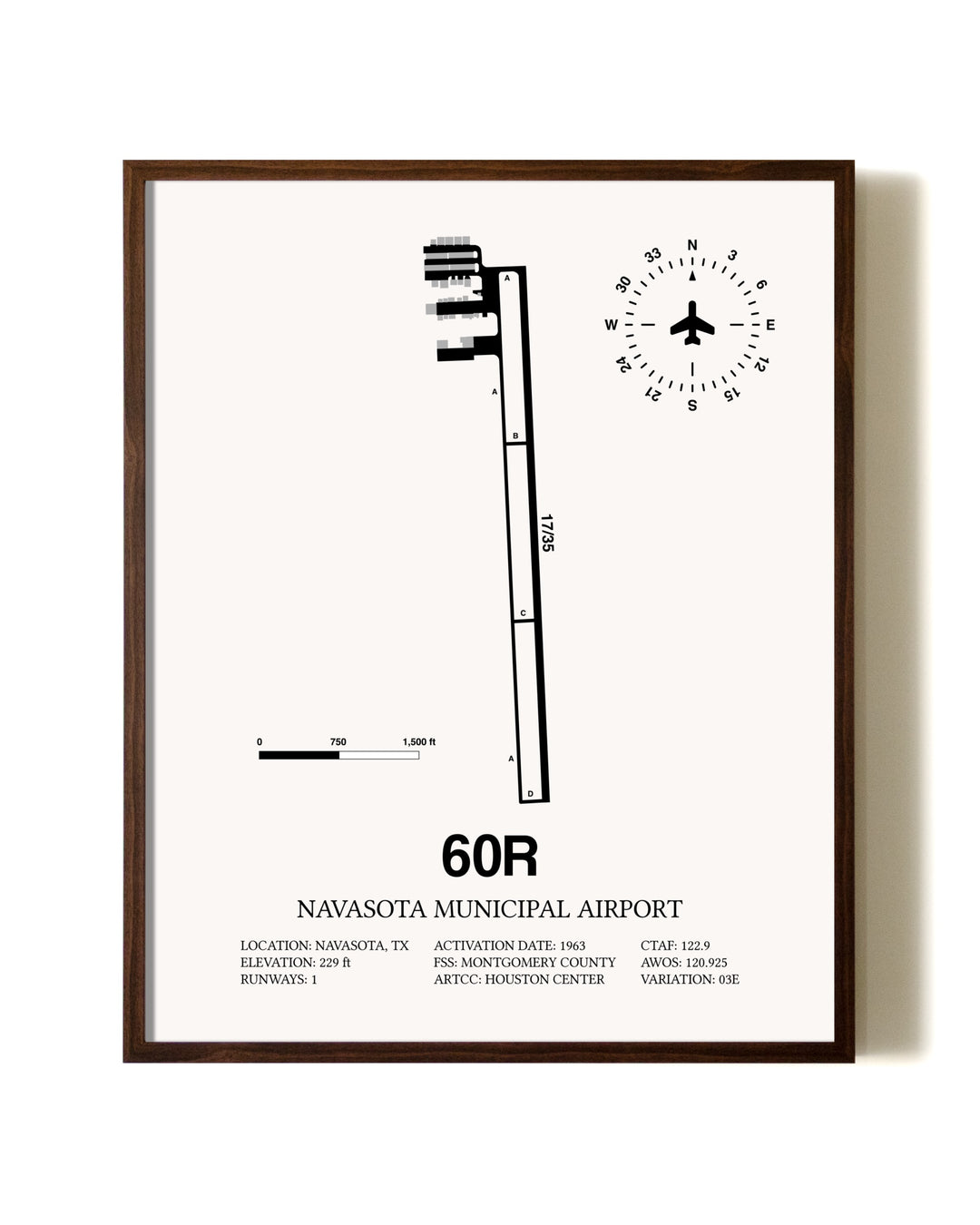 Navasota Municipal Airport aviation print in walnut frame