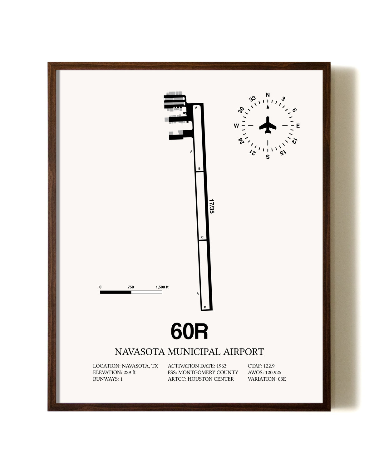 Navasota Municipal Airport aviation print in walnut frame