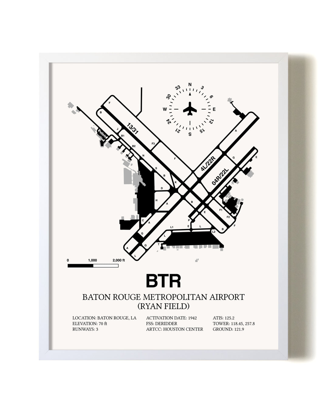 Baton Rouge Metropolitan Airport (Ryan Field) airport map poster in oak frame