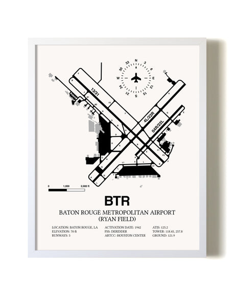 Baton Rouge Metropolitan Airport (Ryan Field) airport map poster in oak frame