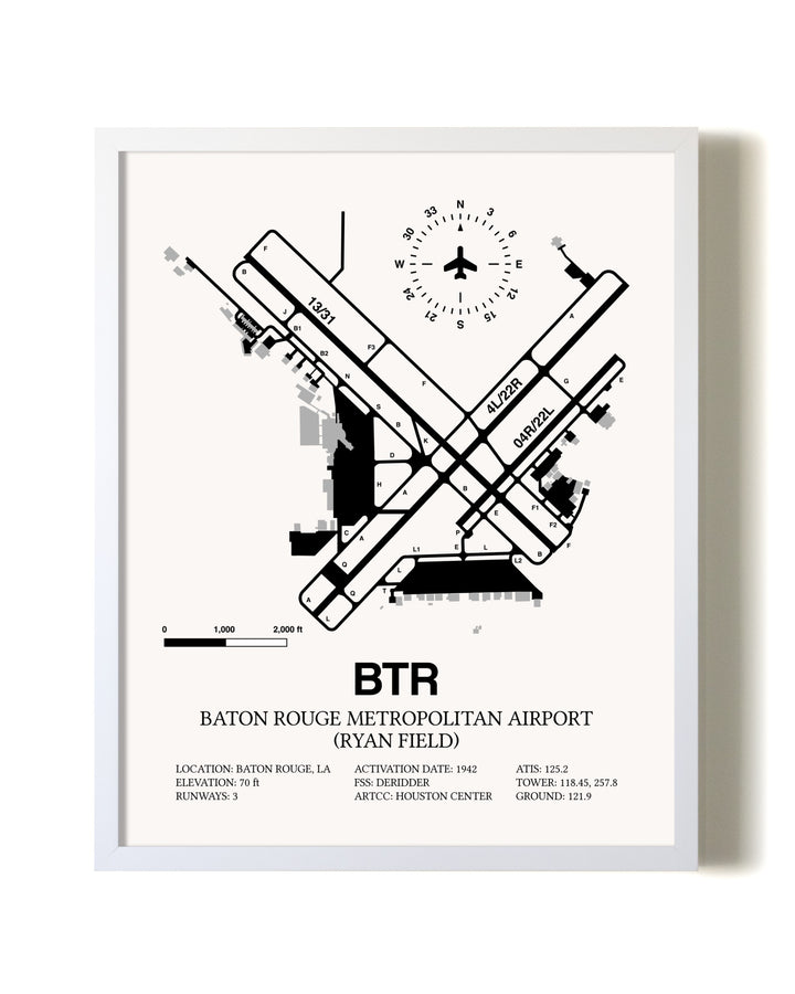 Baton Rouge Metropolitan Airport (Ryan Field) airport map poster in oak frame