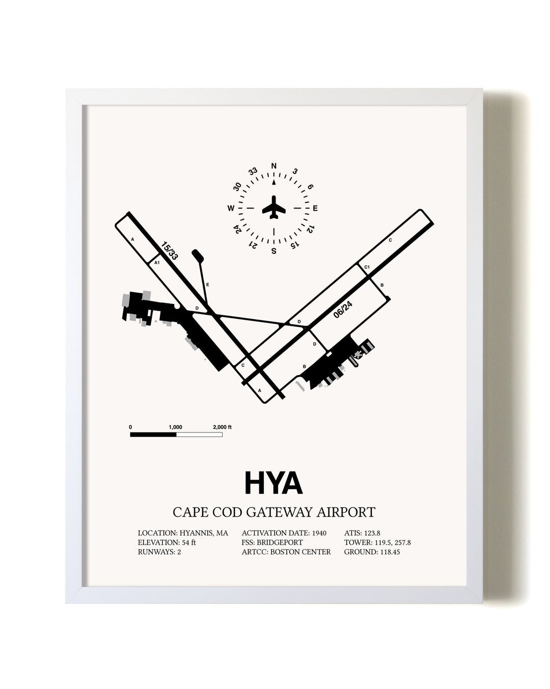 Cape Cod Gateway Airport airport map poster in oak frame