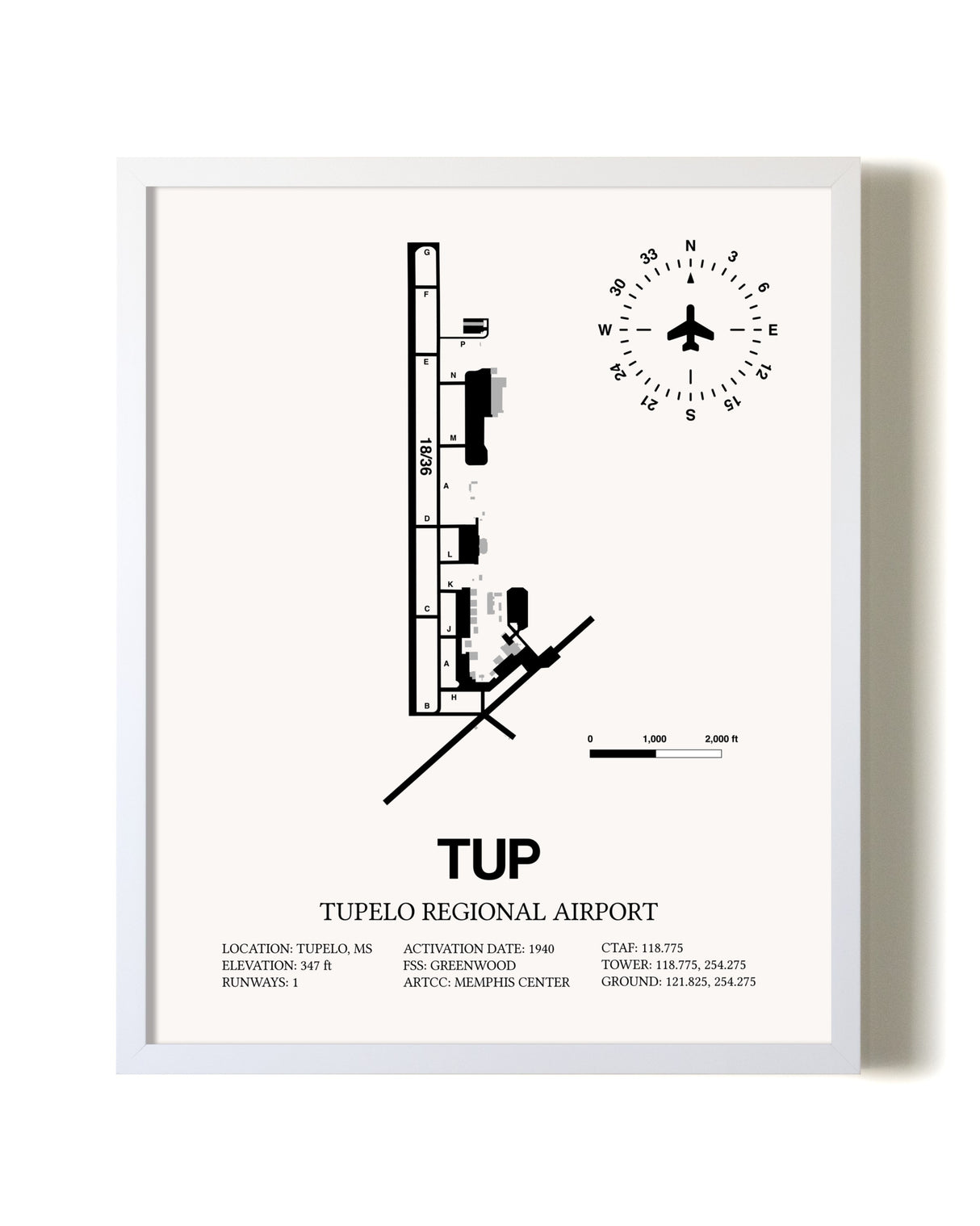 Tupelo Regional Airport airport map poster in oak frame