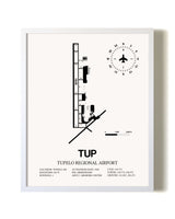 Tupelo Regional Airport airport map poster in oak frame