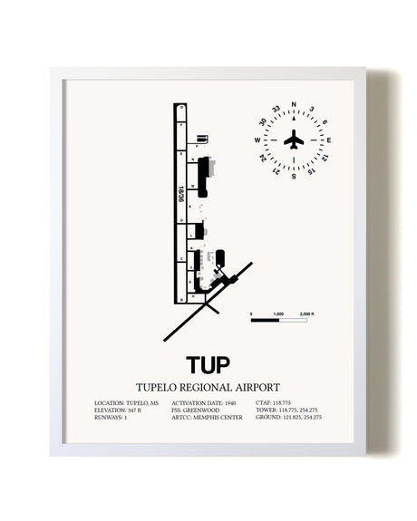 Tupelo Regional Airport airport map poster in oak frame
