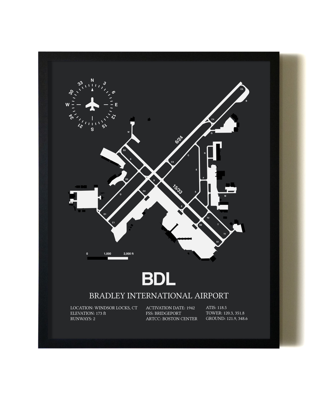 Unframed Bradley International Airport map print poster