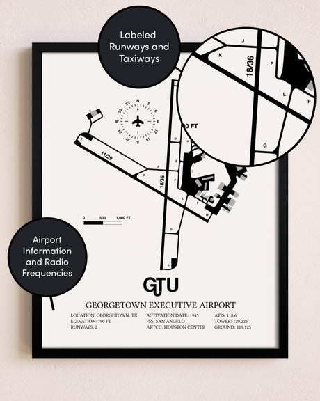 Framed Georgetown Executive Airport At Johnny Gantt Field layout wall art poster