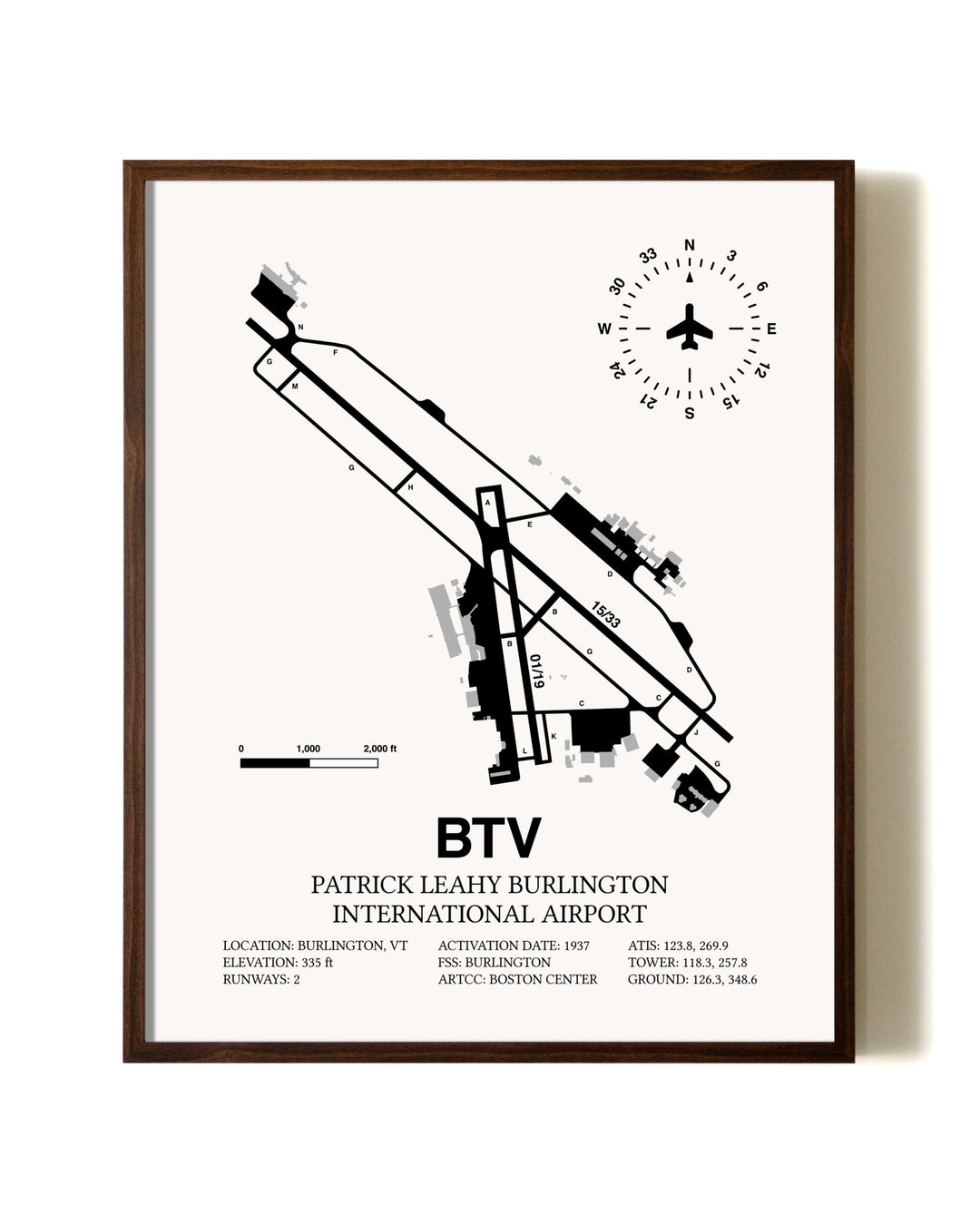 Patrick Leahy Burlington International Airport aviation print in walnut frame