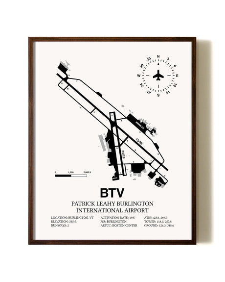 Patrick Leahy Burlington International Airport aviation print in walnut frame