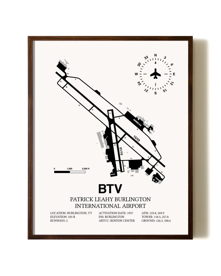 Patrick Leahy Burlington International Airport aviation print in walnut frame