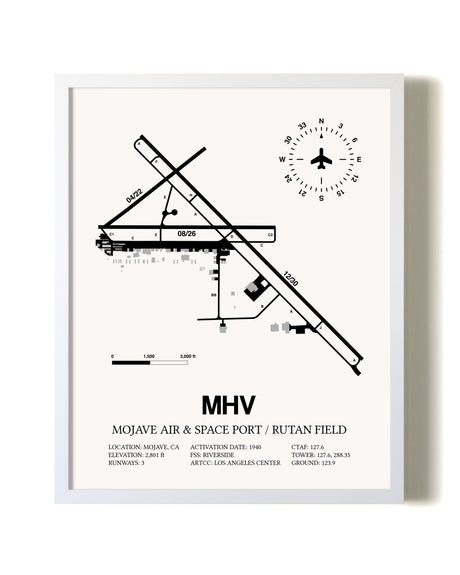 Mojave Air & Space Port / Rutan Field airport map poster in oak frame