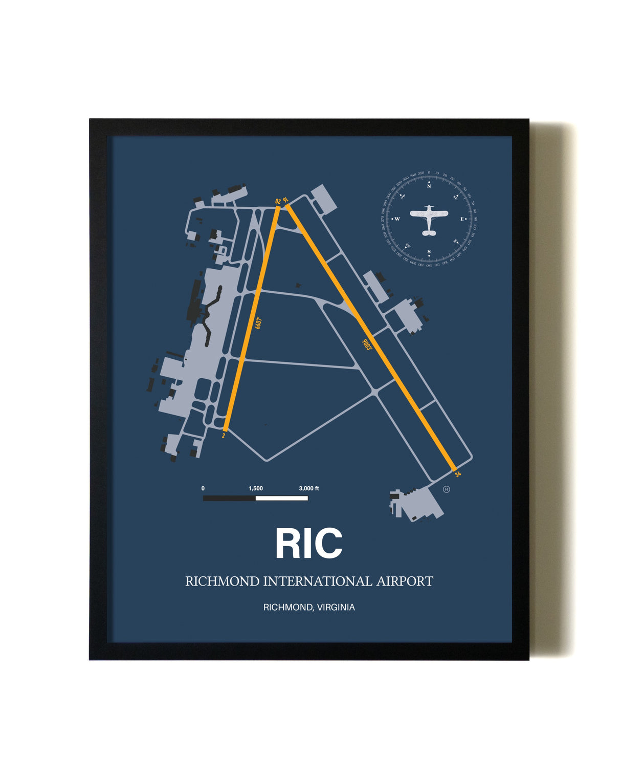 Blue and Yellow Framed Richmond International Airport wall art poster in black frame