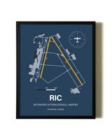 Blue and Yellow Framed Richmond International Airport wall art poster in black frame