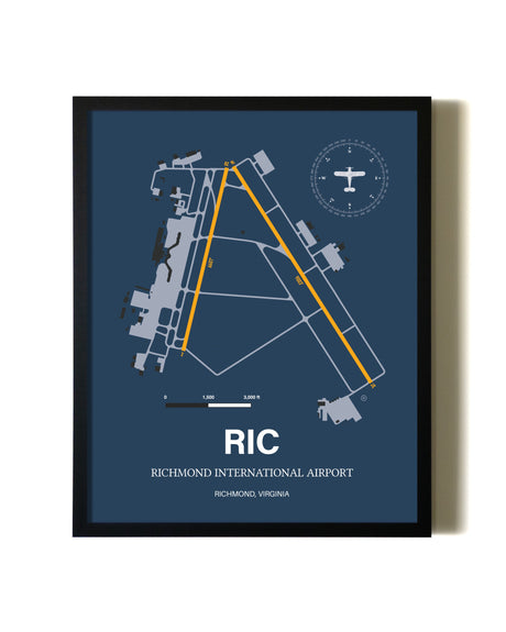 Blue and Yellow Framed Richmond International Airport wall art poster in black frame