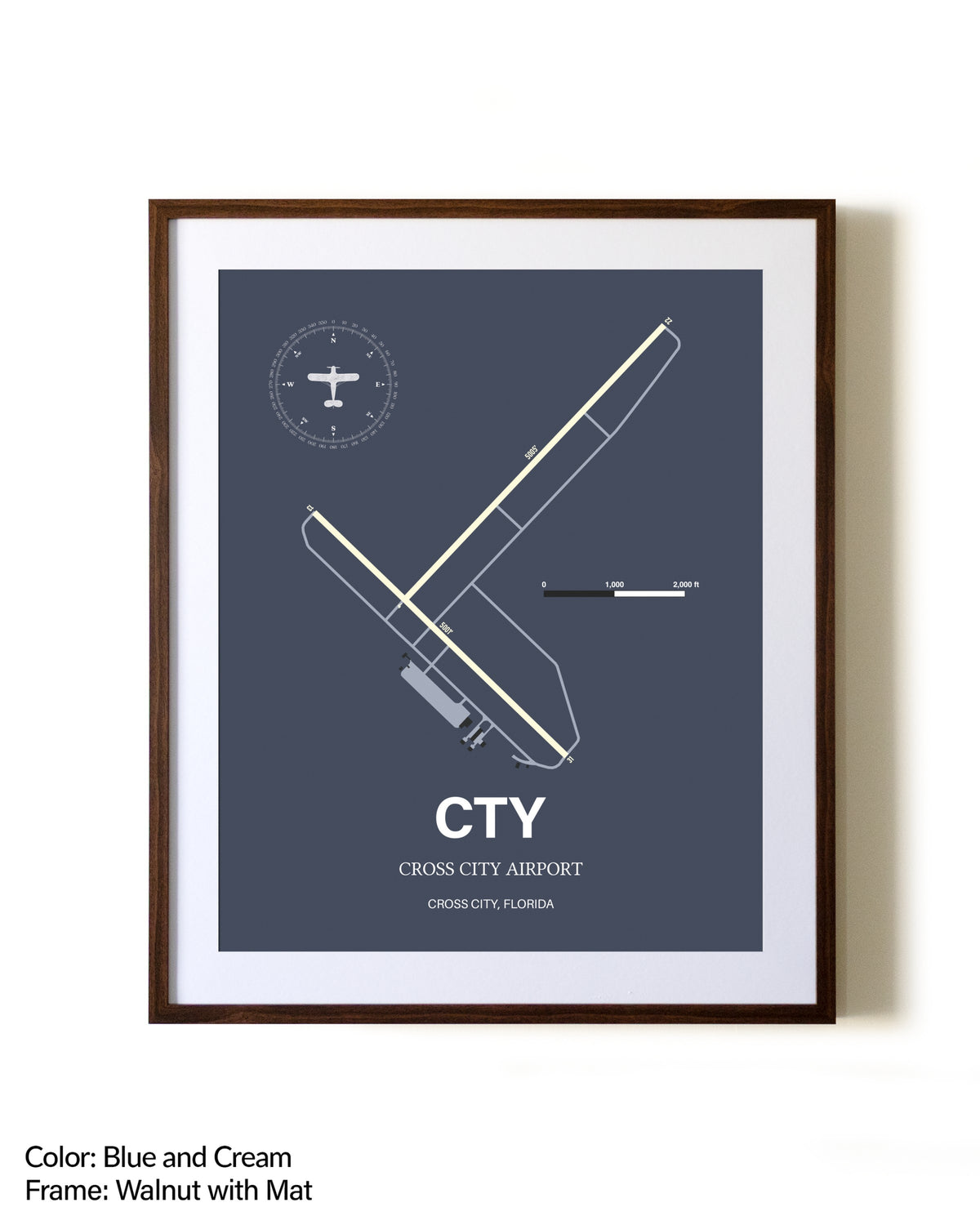 Cross City Airport aviation print in walnut frame with mat