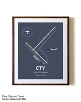 Cross City Airport aviation print in walnut frame with mat