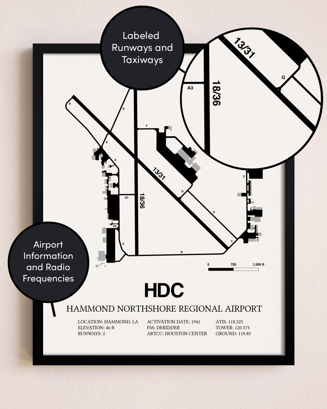 Framed Hammond Northshore Regional Airport layout wall art poster