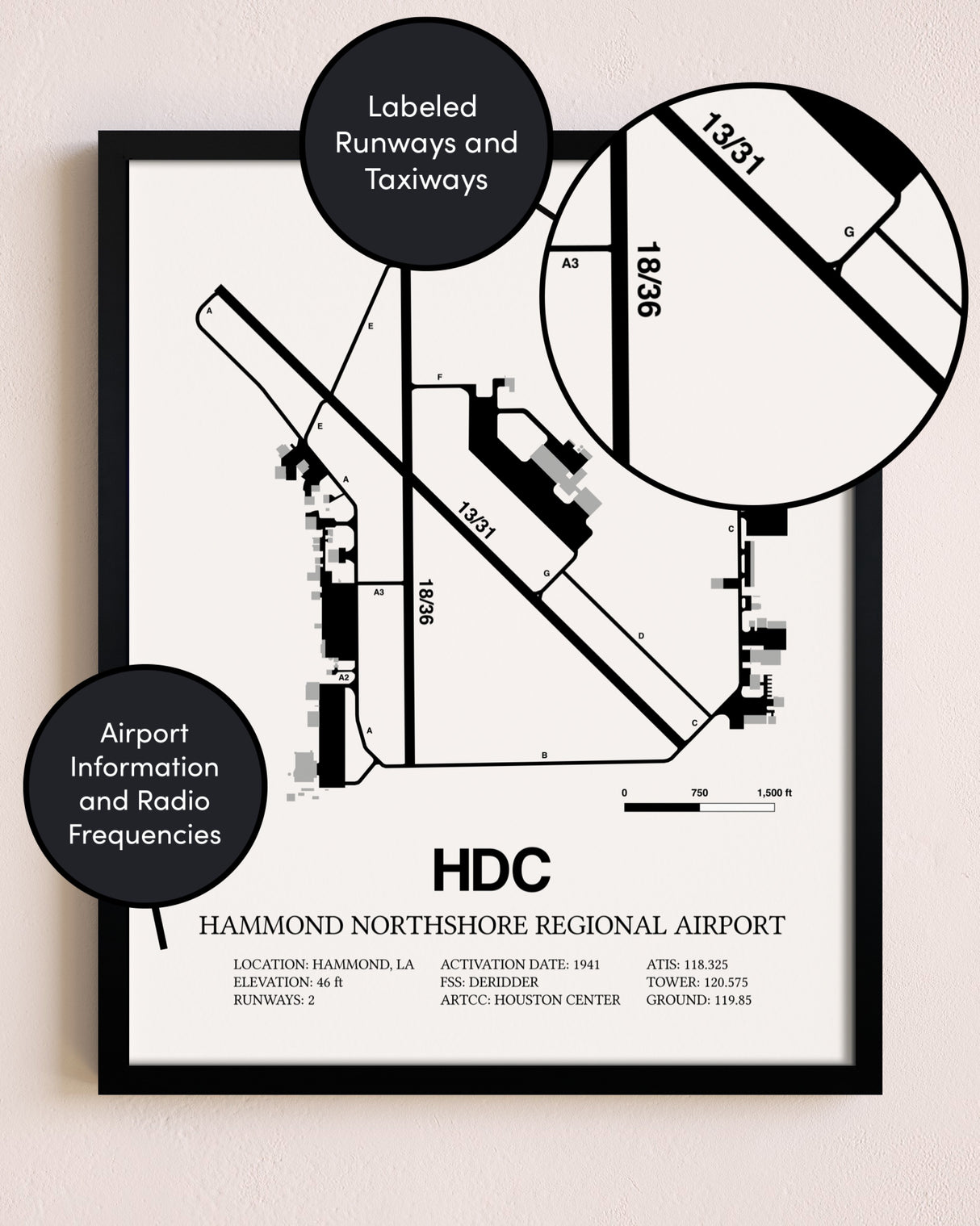 Framed Hammond Northshore Regional Airport layout wall art poster