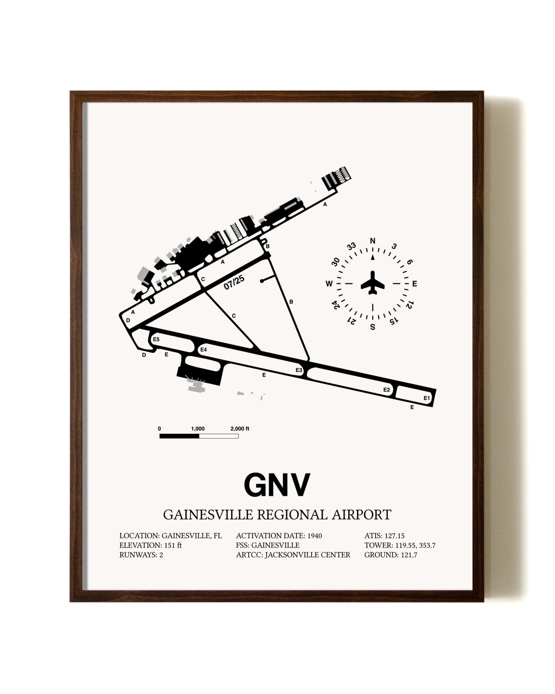 Gainesville Regional Airport aviation print in walnut frame