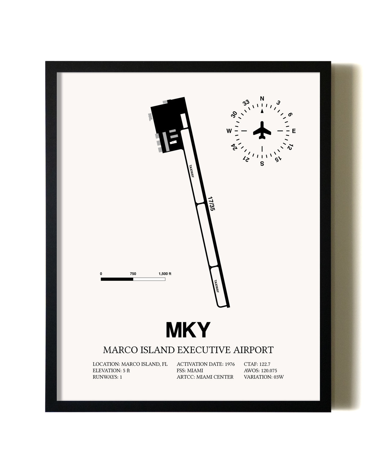 Framed Marco Island Executive Airport wall art poster in black frame