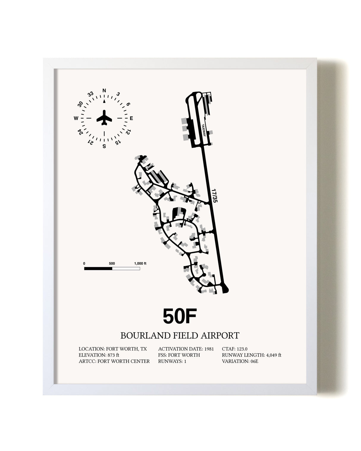 Bourland Field Airport airport map poster in oak frame