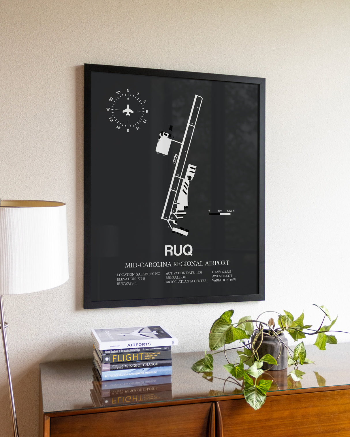 Gray Framed Mid-Carolina Regional Airport wall art poster in black frame