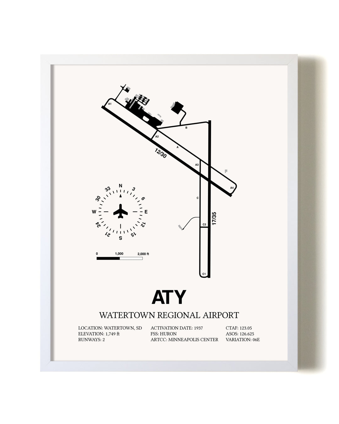 Watertown Regional Airport airport map poster in oak frame