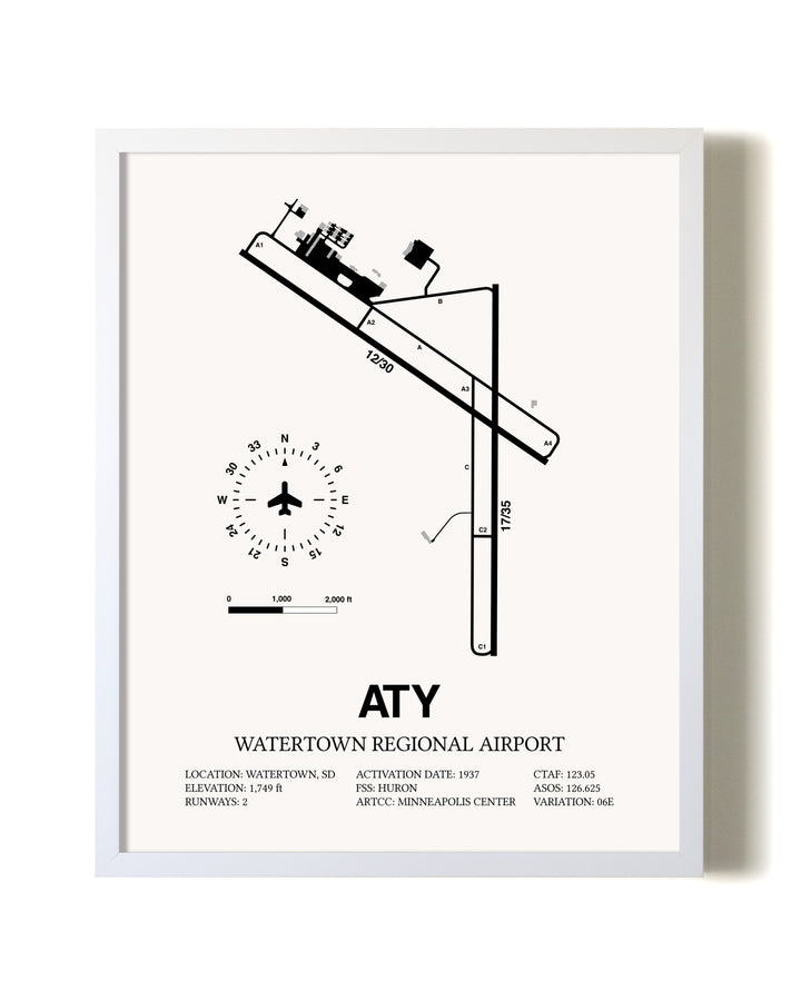 Watertown Regional Airport airport map poster in oak frame