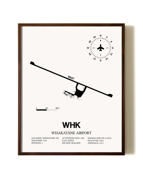 Whakatane Airport aviation print in walnut frame