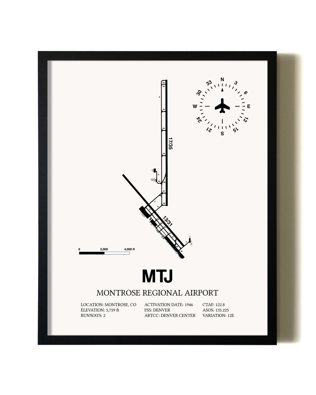 Framed Montrose Regional Airport wall art poster in black frame