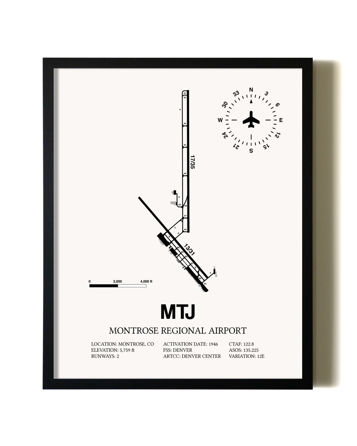Framed Montrose Regional Airport wall art poster in black frame