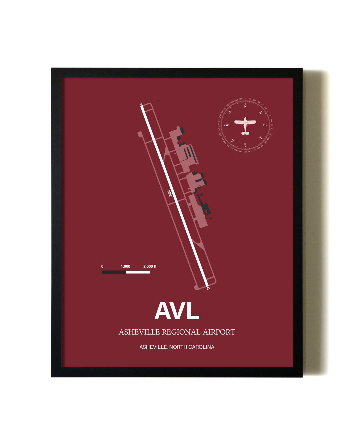 Red Framed Asheville Regional Airport wall art poster in black frame