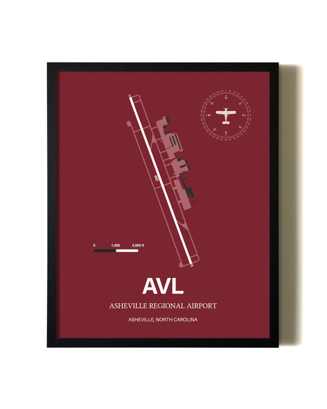 Red Framed Asheville Regional Airport wall art poster in black frame