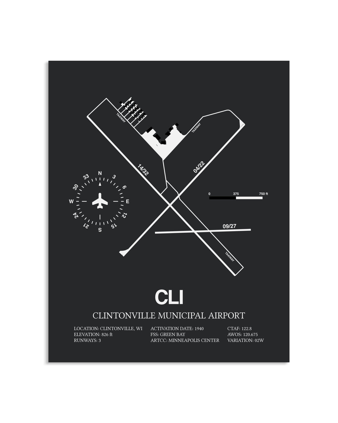 Gray Framed Clintonville Municipal Airport layout wall art poster