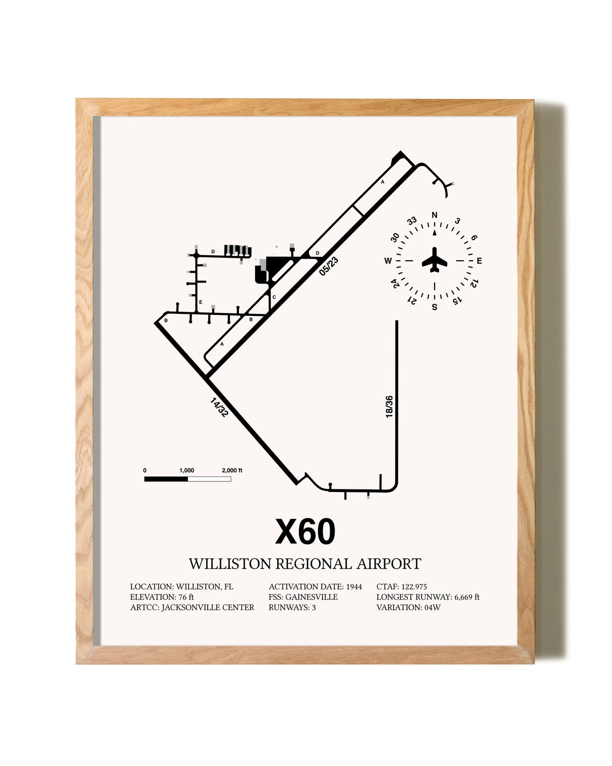 Williston Regional Airport framed print in natural wood frame