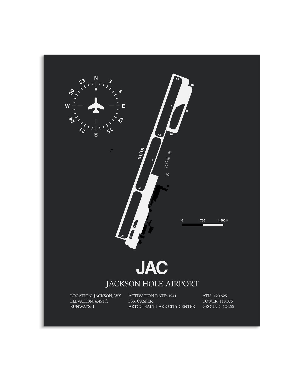Gray Framed Jackson Hole Airport layout wall art poster