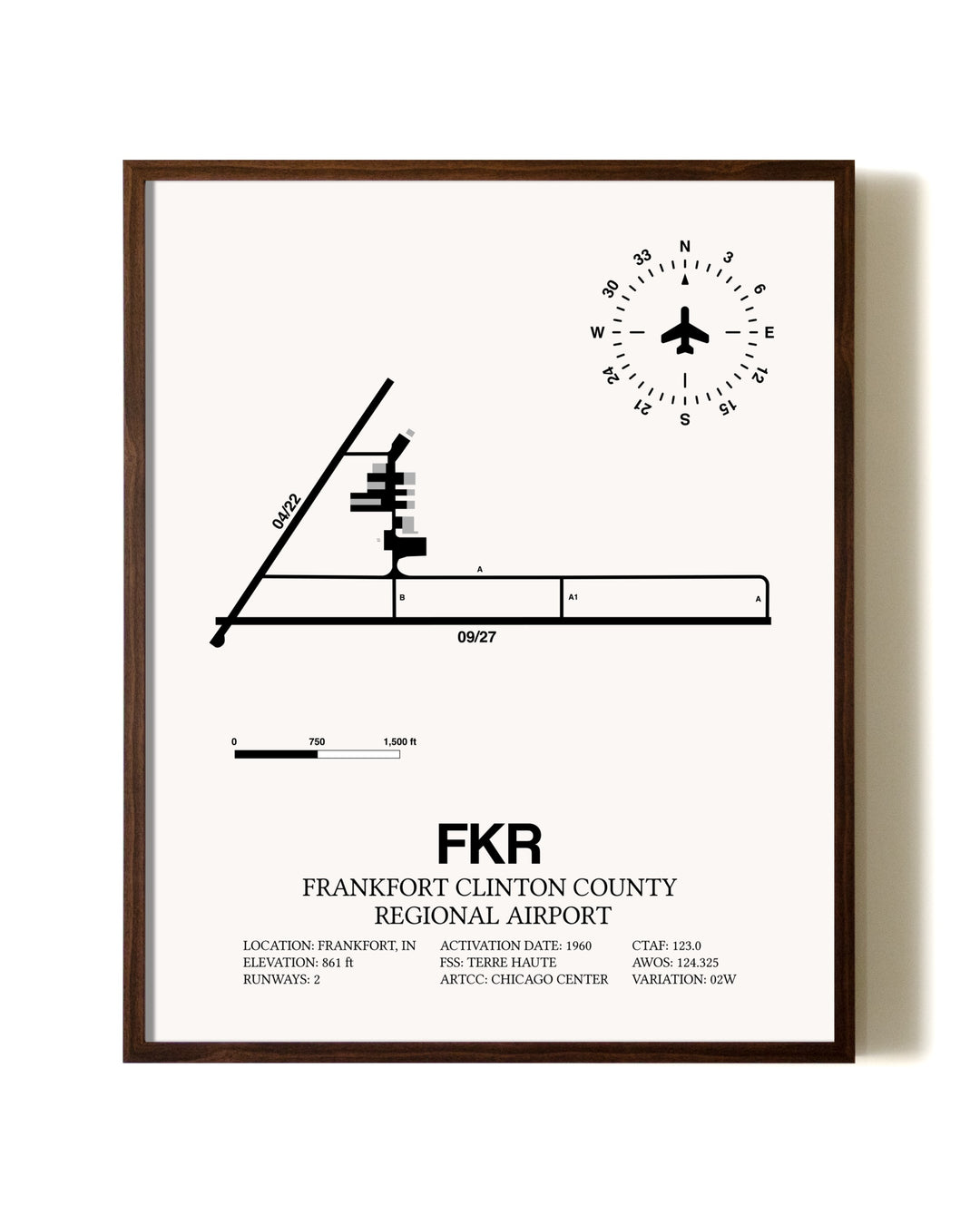Frankfort Clinton County Regional Airport aviation print in walnut frame