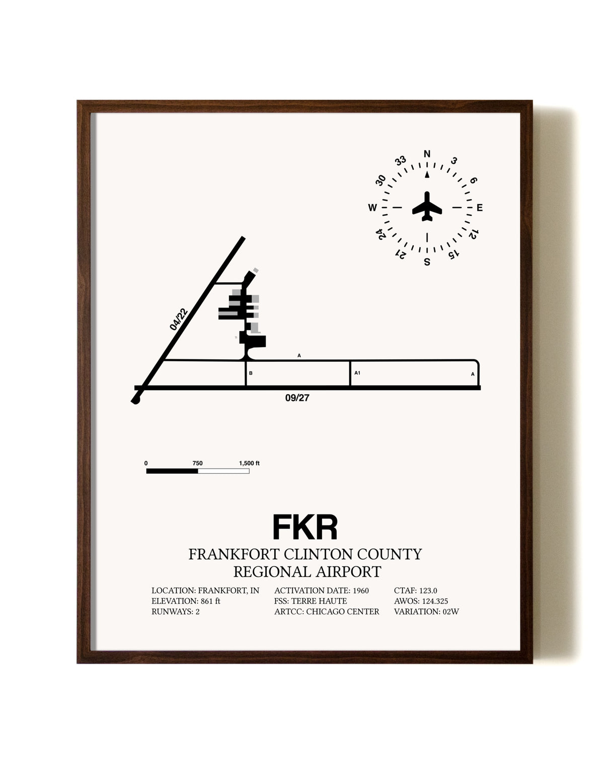 Frankfort Clinton County Regional Airport aviation print in walnut frame