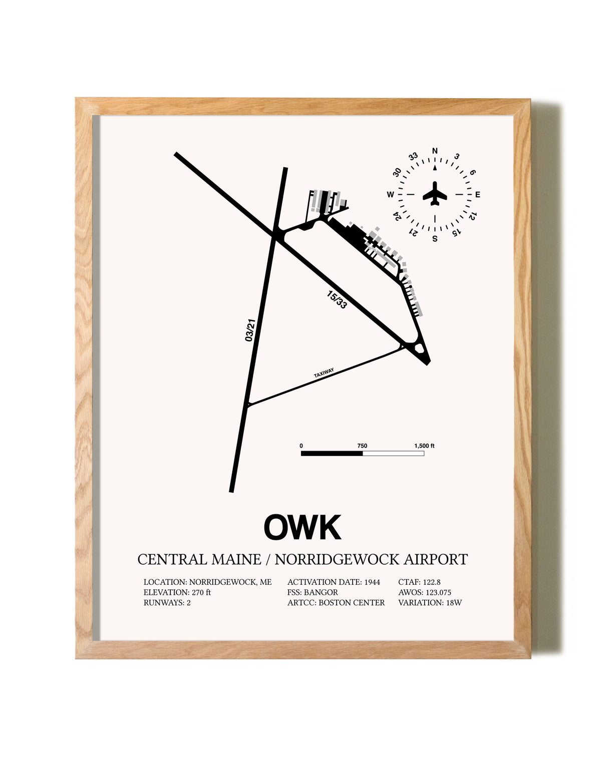 Central Maine / Norridgewock Airport framed print in natural wood frame