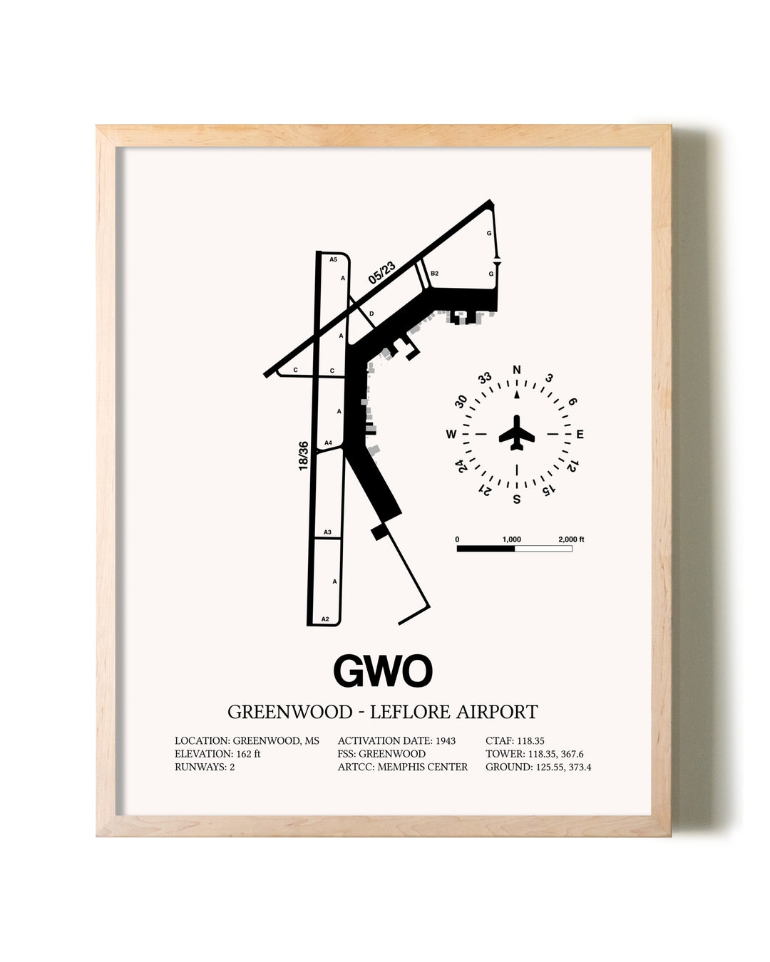 Greenwood-Leflore Airport framed wall art in white frame