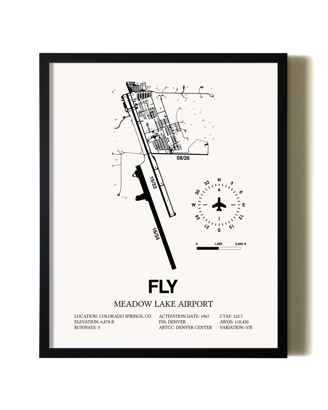 Framed Meadow Lake Airport wall art poster in black frame