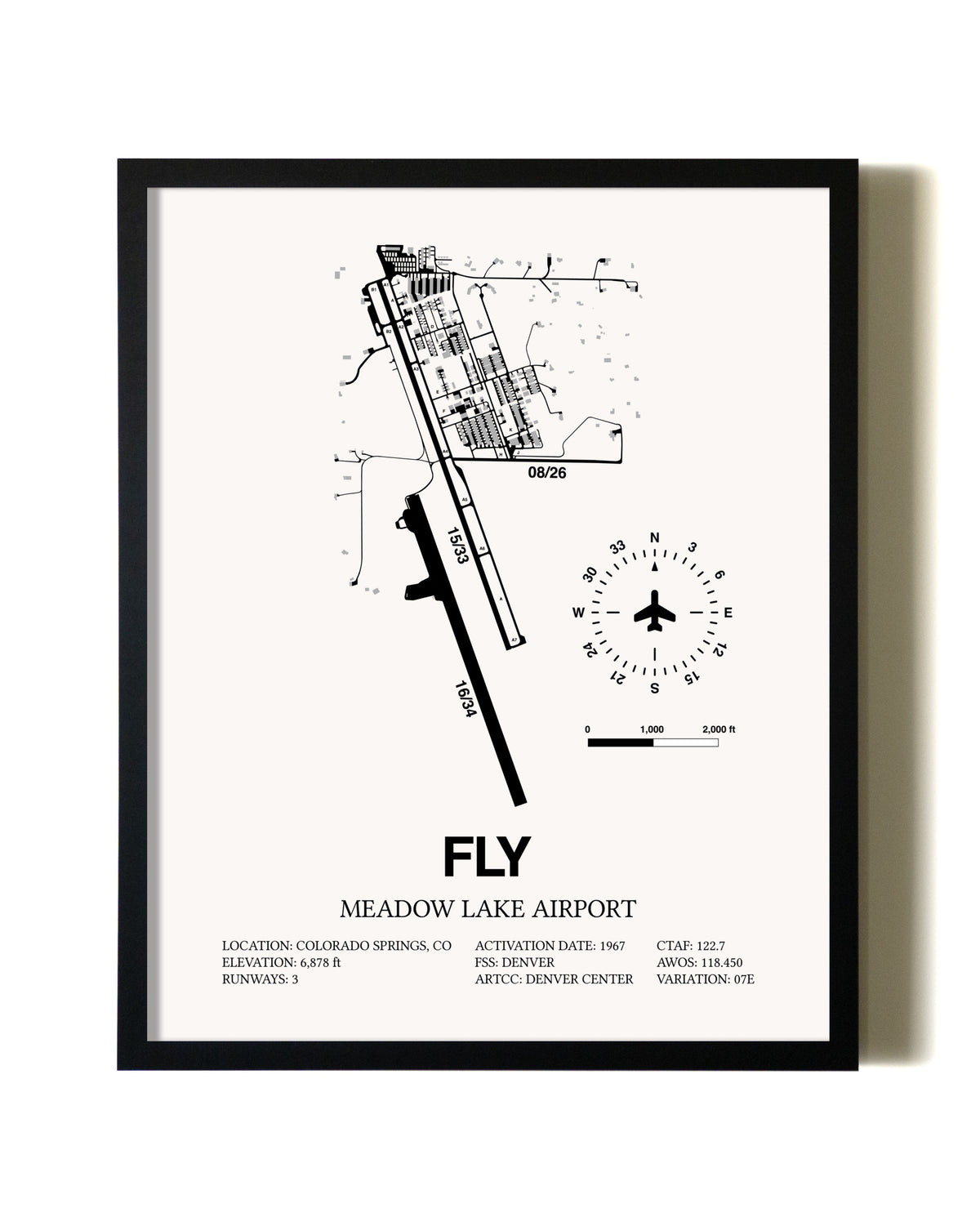 Framed Meadow Lake Airport wall art poster in black frame