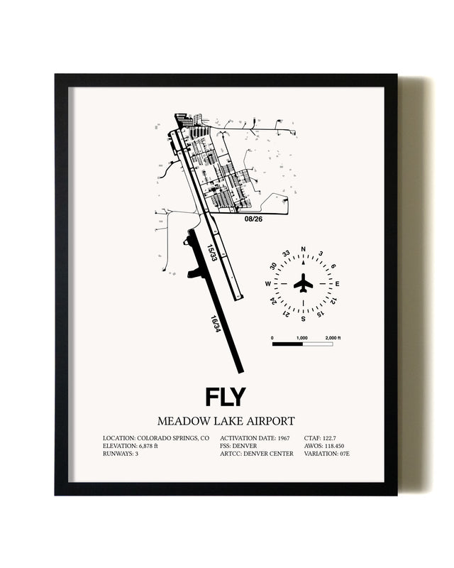 Framed Meadow Lake Airport wall art poster in black frame