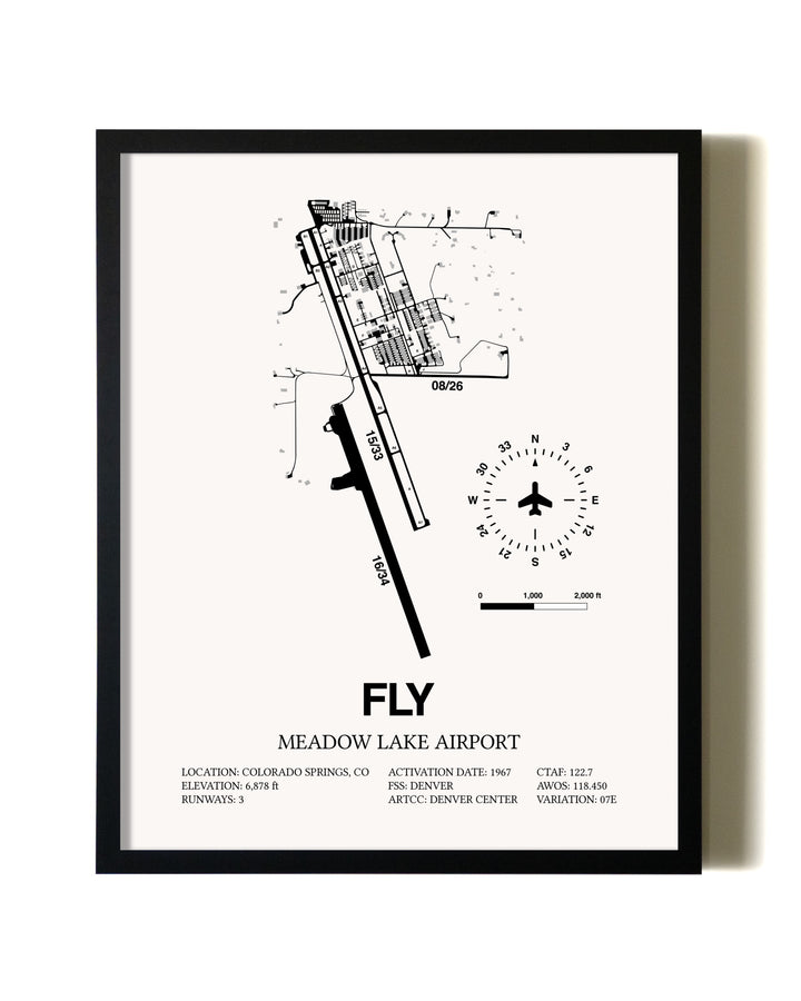 Framed Meadow Lake Airport wall art poster in black frame