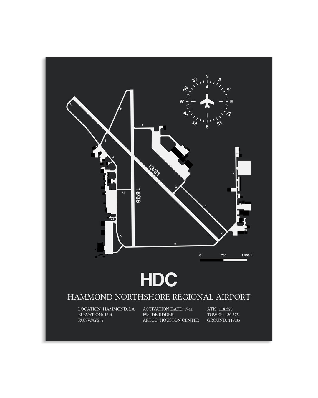 Gray Framed Hammond Northshore Regional Airport layout wall art poster