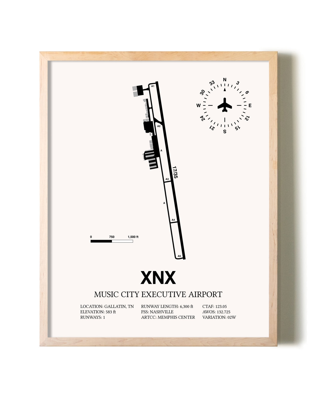 Music City Executive Airport framed wall art in white frame