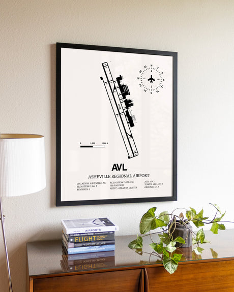 Asheville Regional Airport aviation wall décor in black wood frame