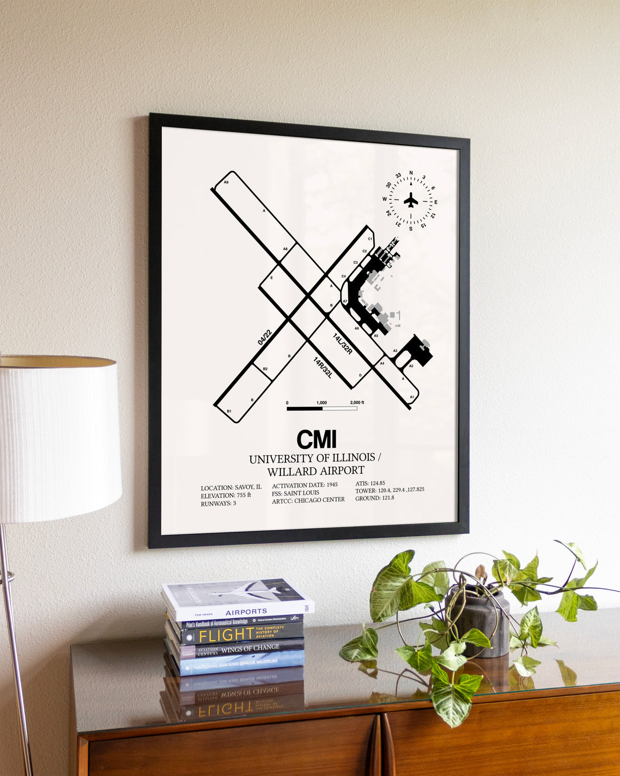University of Illinois / Willard Airport aviation wall décor in black wood frame
