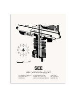 Gray Gillespie Field Airport framed poster displayed in an airplane hangar