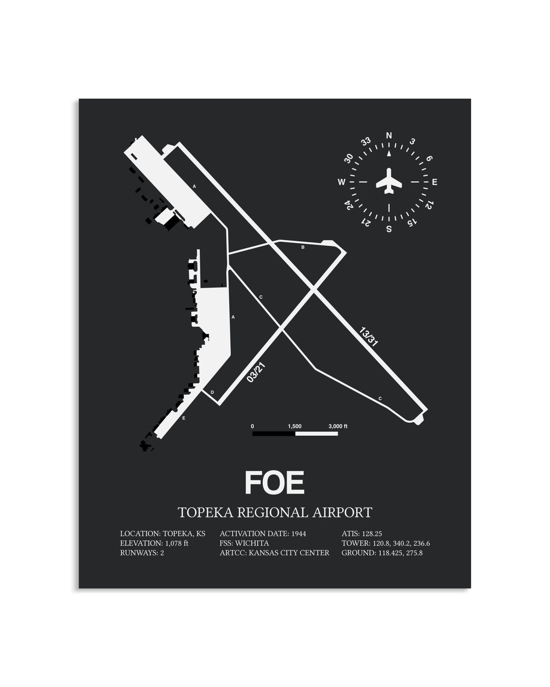 Gray Framed Topeka Regional Airport layout wall art poster